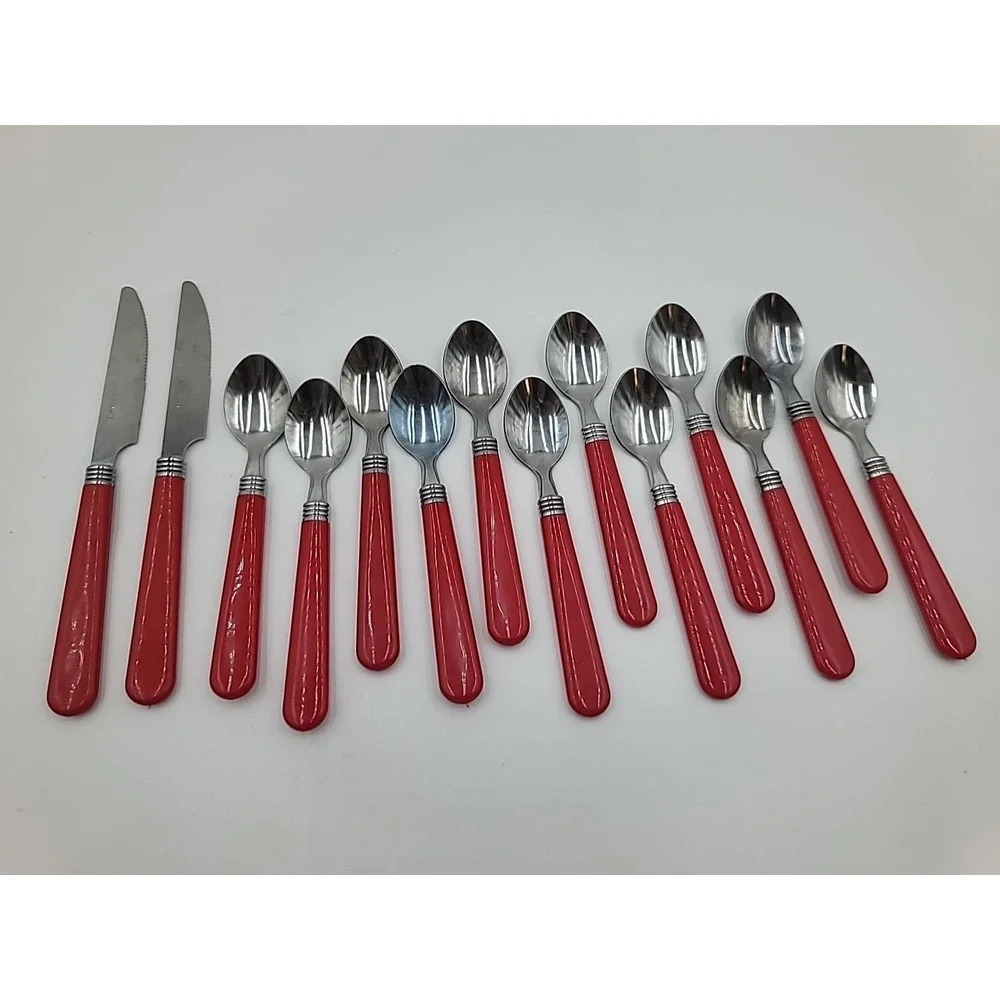 VTG 14 pcs Silverware Set RED Plastic Handles Stainless Retro Chrome RV Flatware